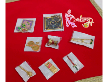 Laddu gopal ji mini toys kit of 8 pieces/laddu gopal ji toys for mandir decoration/Set of 8 pieces toys for laddu gopal ji Size small List of toys- carrom board,kite, badminton,damru, hockey,gadda,mobile,sword